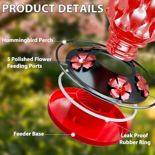 Hummingbird Feeder for Outdoors, 25OZ Hummingbird Feeder with 5 Flower Ports & Perch, Leak-Proof, Crystal Clear – Glass Hummingbird Feeders for Outdoors Hanging, Garden Decor,Gifts for Women Men (Red) - color: Red