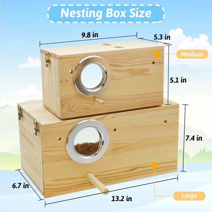 Fhiny Parakeet Nesting Box, Wooden Bird Breeding Box for Cage with Perch Transparent Acrylic Parakeet Nest for Lovebirds Budgies Conures Finches Small and Medium - Sized Birds (Medium)