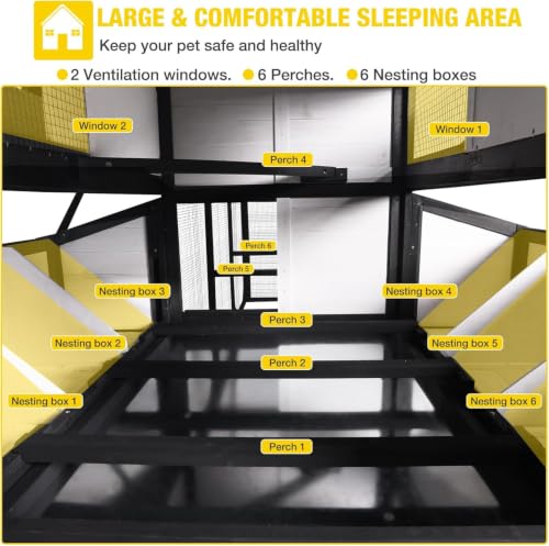 Extra Large Chicken Coop for 8-10 Chickens,Hen House with 6 Nesting Boxes | Reinforced L-bracket structure+galvanized wire mesh for predator protection.asphalt roof,multiple doors for easy cleaning - color: Black, size: 118.1"L x 53.5"W x 49.5"H