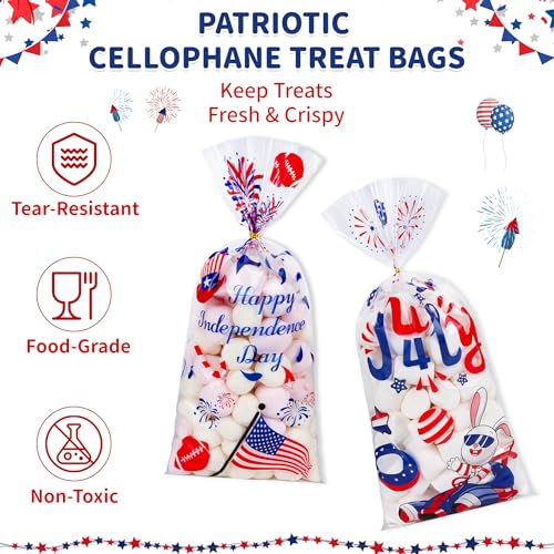 QOIUSO 100 Pcs 4th of July Cellophane Treat Bags - Patriotic Candy Goodie Bags with Gold Twist Ties - Clear Independence Day Party Favor Bags for Cookies, Snacks, Gift Packaging Supplies - color: 4th of July-100pcs