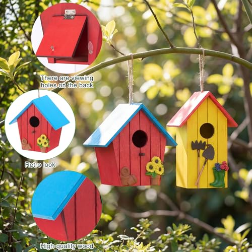 DoubleFill 2 Pcs Birdhouses for Outdoor Hanging Yard Outside Wooden Birdhouse Hand Painted Bird Box for Bird Lovers Bluebird Tree Garden Decor Decorative Birdhouse(Red,Yellow,Wooden Roof) - color: Red,Yellow, size: Wooden Roof