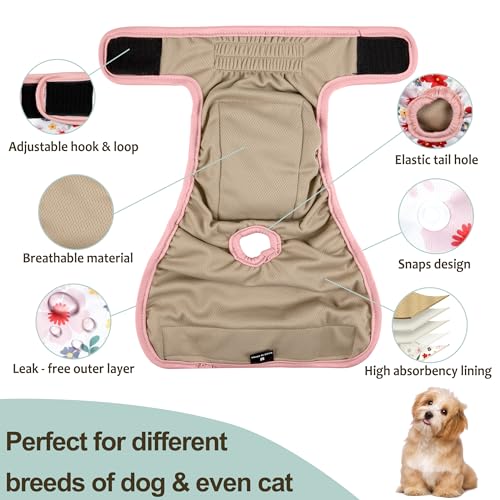 Washable Female Dog Diapers (3 Pack) - No Leak Reusable Diapers for Doggy Female in Period - Highly Absorbent Dog Heat Panties with Adjustable Snaps S - color: Flower-2, size: Small（New Born-11.5“Waist）