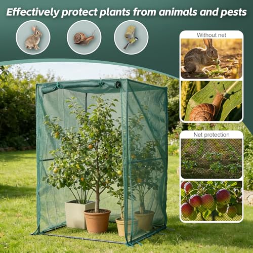 4x4FT Plant Netting Cover – 6FT Tall Garden Bird & Animal Cage for Vegetables & Fruits, Durable Mesh with Steel Frame and 4 Stakes