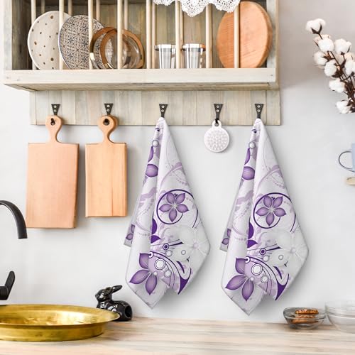 Purple Floral Kitchen Towels Boho Dish Towels for Kitchen Cleaning | Absorbent Cute Tea Towels for Kitchen Cooking Baking Farmhouse Home Decor, 16x24 Inch Set of 2 with Hanging Loop - color: Purple Floral