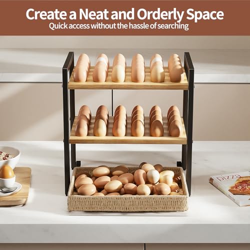 Nuovoware Wooden Egg Holder Countertop, 3-Tier Egg Basket | For 48+60 Eggs, Carry Handle Gathering 100+, Kitchen Storage Home Farmhouse Decor
