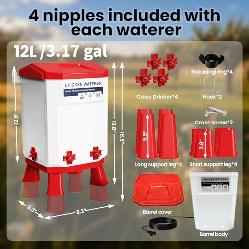 3.2 Gallon Heated Chicken Waterer with 4 Nipple Drinkers - Adjustable Height, BPA-Free, Freeze-Proof, 110V Electric, Suitable for Chickens, Ducks, Geese & Quails,12L (2)