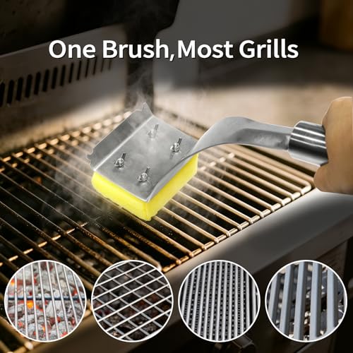 Bristle Free Grill Brush, Grill Cleaner for BBQ with Steam-Activated Cleaning Pad, 304 Stainless Steel Handle, Replaceable Head for Gas, Charcoal, Pellet Grills & Backyard BBQs