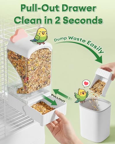 Bucatstate No Mess Bird Feeder, Auto Dispenser, Dual Filter & Waste Drawer | External Hanging, Fits 4.7"x3.3" Side Opening, for Parakeet Cockatiel Budgie Canary,for Square Cages