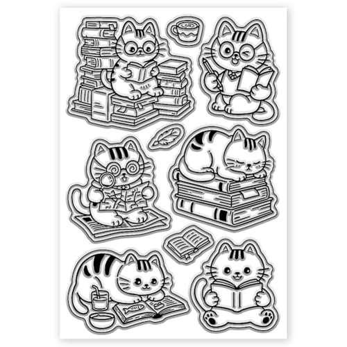 CHGCRAFT Books and Cats Clear Stamps Study Transparent Stamps Newspapers Silicone Clear Stamp Seals for DIY Scrapbooking Photo Album Decoration, 4.3×6.3 inch - style: Books and Cats