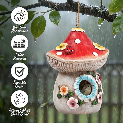 Garden Bird Houses for Outside with Solar Light, Bird Houses for Outside Hanging, Decorative Mushrooms Birdhouse for Bluebird Hummingbird Sparrow, Hummingbird Gifts for Women