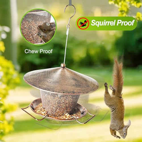 Metal Bird Feeder for Outdoor Hanging 9.8" Roof 3 LBs Seeds Capacity | Heavy Duty, Rainproof, Weatherproof, Rustproof, Large Dome, 360° Feeding, Attracts Various Birds, Easy to Refill & Clean