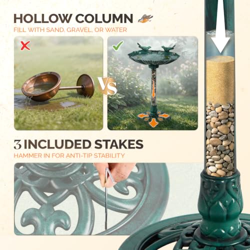 VINGLI Pedestal Bird Bath with Solar Fountain, Solar Pump Resin Birdbaths, Weather Resistant Bird Baths with Ground Stakes, Vintage Finish Garden Decor for Outdoor, Patio, Yard, Lawn(Green Shell) - color: Green Shell