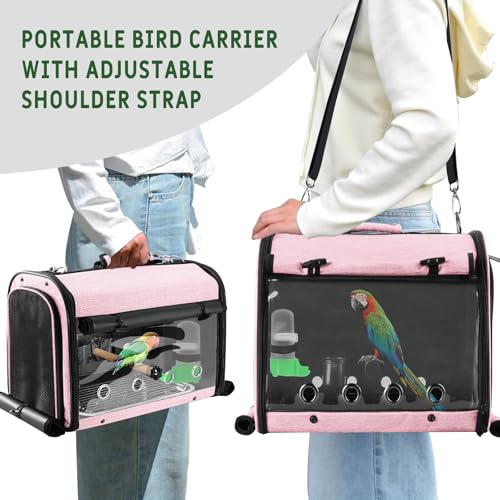 Sanmoncare Bird Carrier Bag Cockatiel Travel Cage with Stand, Lightweight Carrier for Small Bird, Portable Bag for Parrot, Pet Transparent Travel Backpack - color: Pink