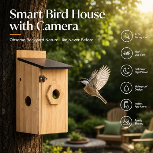 Smart Bird House with Camera - Solar Powered AI Bird Feeder with 4MP Color Night Vision, AI Species Recognition & IP66 Waterproof, Ideal Gift for Bird Lovers | 4MP Color Night Vision Camera, AI Bird Recognition, Solar Powered, 2.4GHz WiFi, Easy Setup, Sma