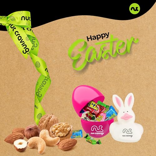 NUT CRAVINGS Gourmet Collection - Easter Treats (7 Piece Assortment) | Candies & Dried Fruit Nuts Gift Basket with Happy Easter Ribbon, Candy Filled Egg, Food Assortments + Bunny - style: 1. Deluxe Easter Ribbon - (7 Piece Assortment)