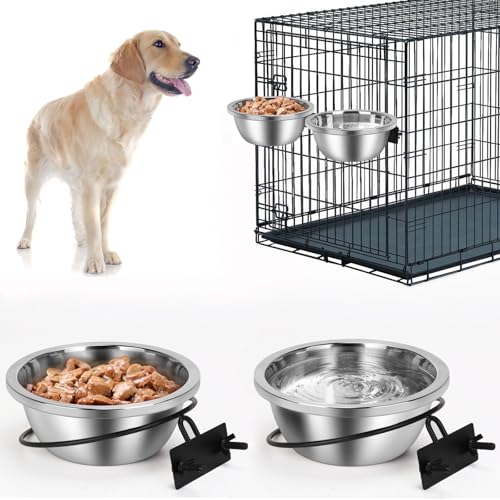Crate Bowls for Large Dogs, ShineMe Heavy Duty Hanging Dog Bowls for Kennel Cage Crates, No Spill Stainless Steel Dog Crate Water Bowl or Large and Medium Dogs, 56oz, Set of 2 - color: Silver (56oz+56oz)