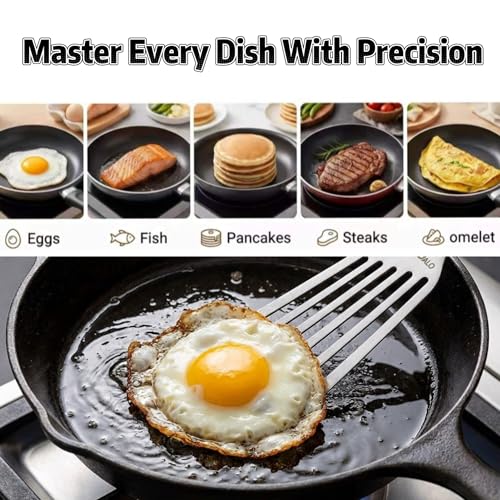 2 Pack Flexible Fish Spatula Stainless Steel for Kitchen | Egg Turner Flipper, Thin Edged Slotted Angled Blade, 1 Hollow Steel Handle & 1 POM Plastic Handle