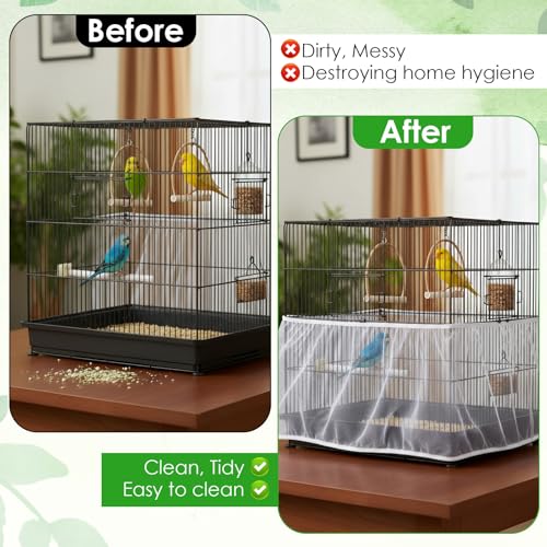 Bird Cage Seed Catcher, Mesh Net Cover Guard Soft Airy Cage Net Stretchy Skirt for Parrot Enclosures Round Square Cages(White
