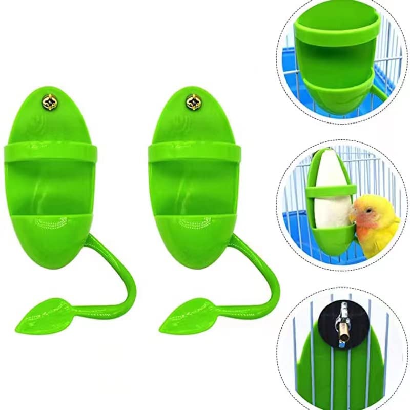 2 Pack Bird Feeding Cup Rack, Cuttlebone Fruit Food Holder | Unique leaf perch for birds to stand. Easy screw-in cage holder for cuttlebone & fruit. For parrot, cockatiel & parakeet.