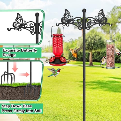 2Pcs Double Shepherds Hooks for Outdoor, 88" Adjustable Heavy Duty Bird Feeder Pole with 5-Prong Base & Butterfly Design, Shepherds Hooks for Garden Wedding Hanging Plant Lantern Wind Chime - color: Black-2