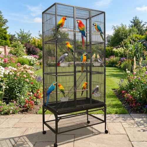 69.5 Inch Extra Large Wrought Iron Parrot Cage Divided Breeding Cage with Grid Dividers Built in Pet Door Pedal Lock Wheels for Parrot Turtledove Oriole Cuckoo Black