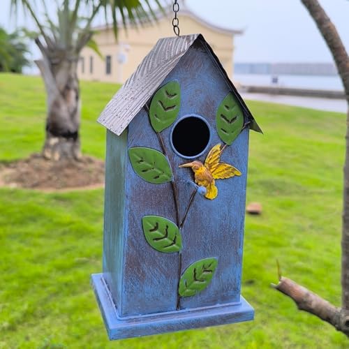 Metal Bird House for Outside - Elegant & Durable Hanging Birdhouse with Rustic Brown Roof & Vibrant Blue Design - Includes S-Hook for Easy Hanging (23.46in Tall)