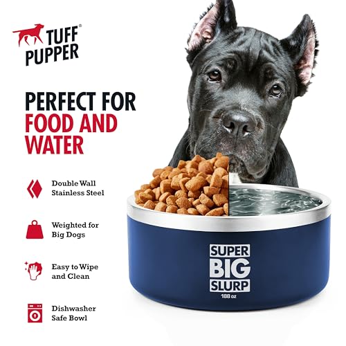 Tuff Pupper Heavy Duty Insulated Dog Bowl | Double Wall Stainless Steel Dog Food Dish | Non-Slip Spill Proof Dishwasher Safe Cat Bowl | Water Dish for Feeding Large Medium Small Pets (188oz, Blue) - color: Midnight Blue, size: 188oz