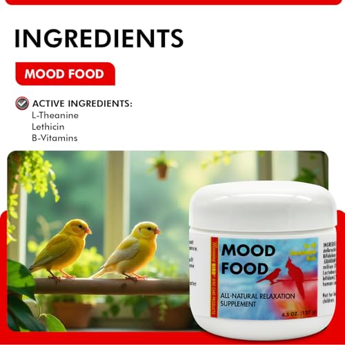 Mood Food 4.5 oz – Natural Calming Supplement for Birds – Non-Sedating Formula – Helps Reduce Stress, Aggression & Feather Plucking – Gentle Support with Amino Acids & B Vitamins - size: 4.5 Oz