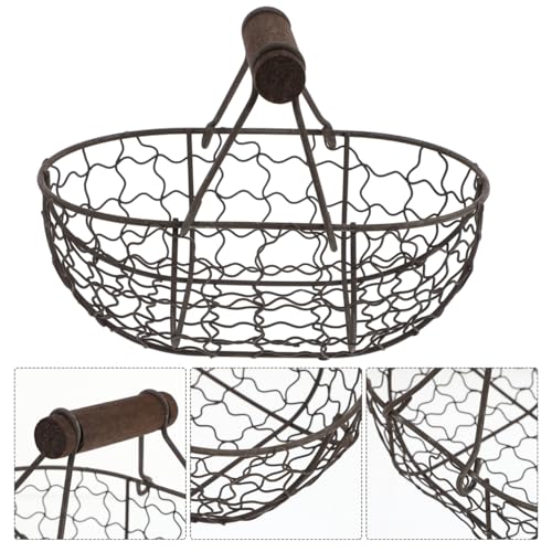 Metal Wire Egg Basket for Gathering Fresh Eggs, 7 inch Rustic Egg Collecting Basket with Wooden Handles, Farmhouse Easter Kitchen Decor, Black Wire (Capacity: 10-12 Eggs)