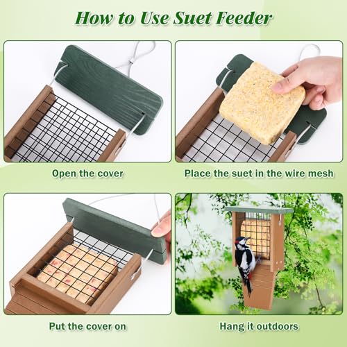 Gtongoko Recycled Plastic Suet Bird Feeder for Outside Hanging, Woodpecker Suet Feeder with Tail Prop, Hanging Suet Holder Birdfeeders, 1 Pack, Green