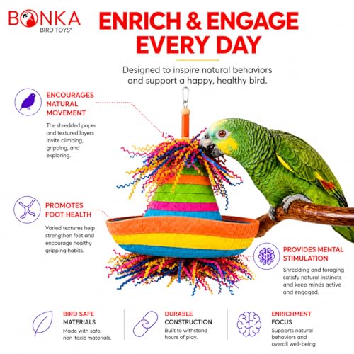 Bonka Bird Toys 2198 Pinata Hat 10" x 6" Cardboard Hat Shreddy Paper Wood Beads Straw for Conures Quakers Senegals Caiques Medium Birds Shreddable Cage Toy - size: Pack of 1