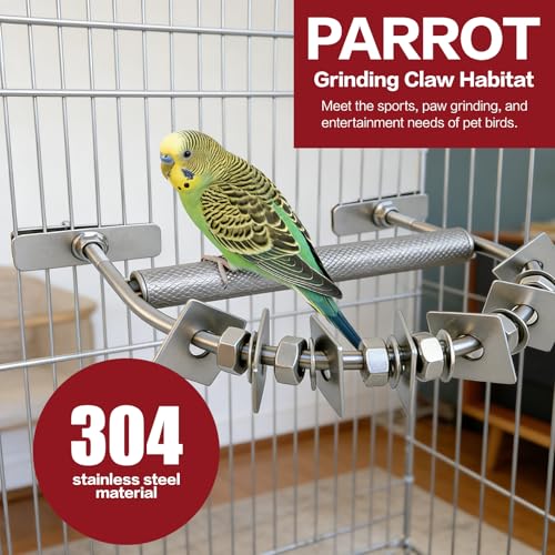 304 Stainless Steel Bird Perch with Chew Toys(Steel) | Washable,Metal U-Shape Parrot Stand - color: Silver