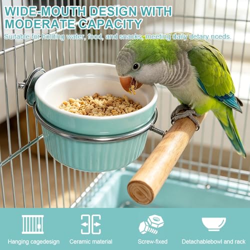 Ceramic Bird Cage Bowl with Stainless Steel Rack Holder, Hanging Anti-Tip Feeding Cup, Secure Mount Food & Water Dish for Parrots, Cockatiels, Parakeets, Small to Medium Pet Birds
