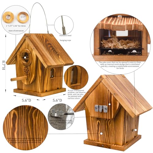 Bird House Kit for Kids & Adults, DIY Cedar Birdhouse with Paint | Mortise & Tenon, Carbonized Cedar, 3 Entrance Sizes, Stainless Steel Hooks, for Bluebird Wren Cardinal