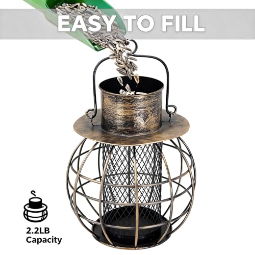 Squirrel-Proof Solar Bird Feeder, Retro Lantern Shape Rustproof(Bronze) | Easy-Fill Tray with Solar Light, Metal Outdoor Decor for Garden Patio Yard Lantern Bird Feeder - color: Bronze