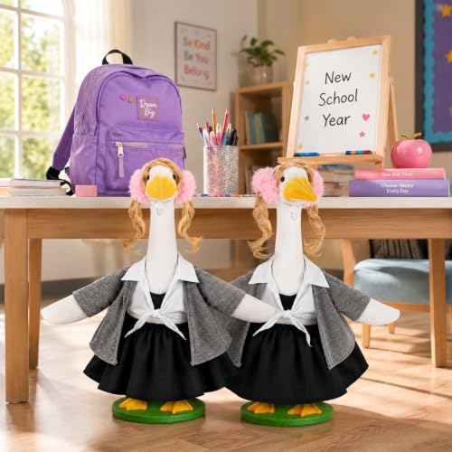 Bolsome Back to School Porch Goose Outfits School Uniform Dress with Pigtails Fits 23" Cement Plastic Goose Statue for Outdoor Garden Lawn Yard Patio Decor