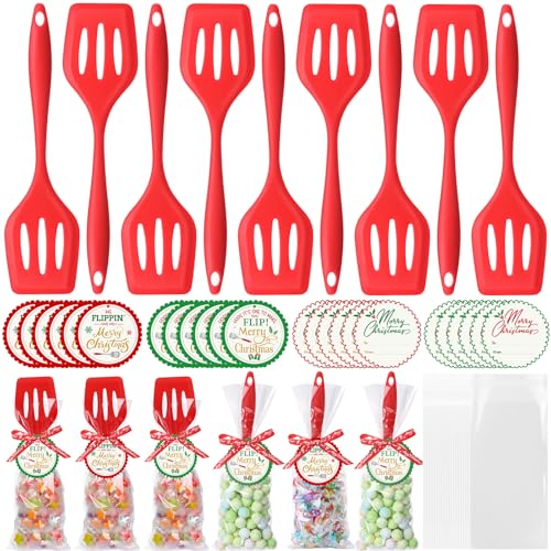 Reallnaive 24 Pack Christmas Silicone Turner Spatulas Heat Resistant | Christmas Cooking Utensils Gifts Set, Slotted Design for Draining, 24 Transparent Plastic Bags, 24 Round Cards, Ribbon