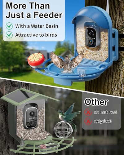 Bird Feeder with Camera, AI Recognition, Bird Bath, Solar Powered | Capture stunning 2K video, enjoy solar charging, bird bath design, night vision, smart app alerts and motion detection. - color: Blue, size: With BirdBath