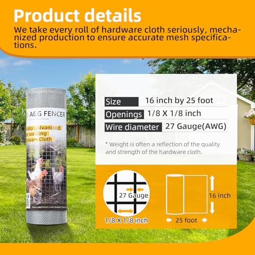 16in x 25ft Hardware Cloth 1/8 inch 27Ga Chicken Coop Wire Fence | Hot Dipped Galvanized After Welding, Welded Metal Fencing Roll Mesh for Bee Screen Garden Plant Poultry Animal Netting Cage - size: 16in x 25ft
