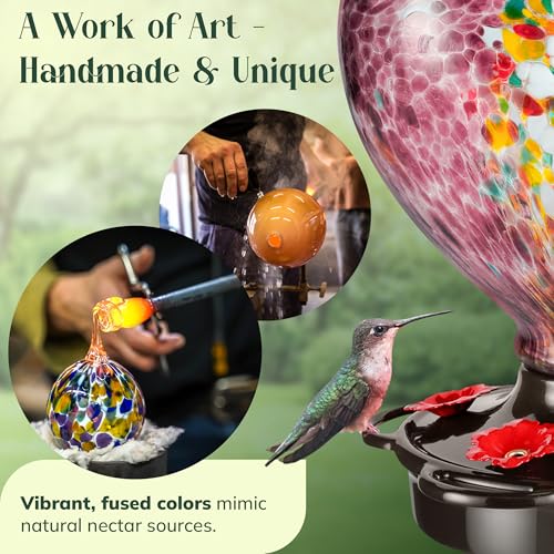 Hand Blown Glass Hummingbird Feeder for Outdoors All Season Use - 28 Fl. Oz. Leak Proof Hummingbird Feeder with Rust Proof Base - Includes Ant Moat, Ant & Bee Proof (Purple) - color: Purple