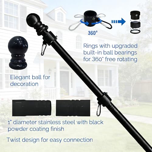 10ft Black Flag Poles in Ground for Outside, Flagpole Stand for House Ground with 5 Pronges Base - size: 10FT