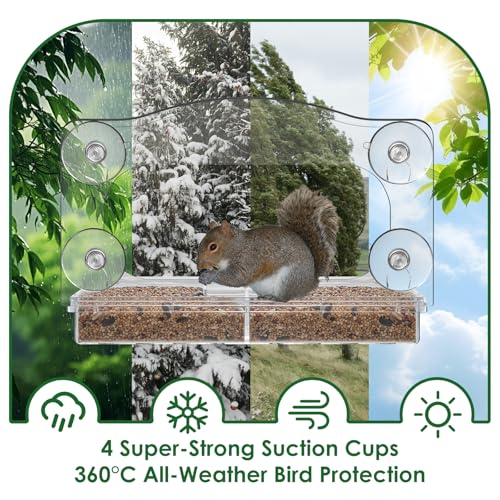 Clear Window Bird Feeder with 4 Extra-Strong Suction Cups | Built-in water trough and drainage holes, large view transparent bird house for outside, bird watching gift for parents