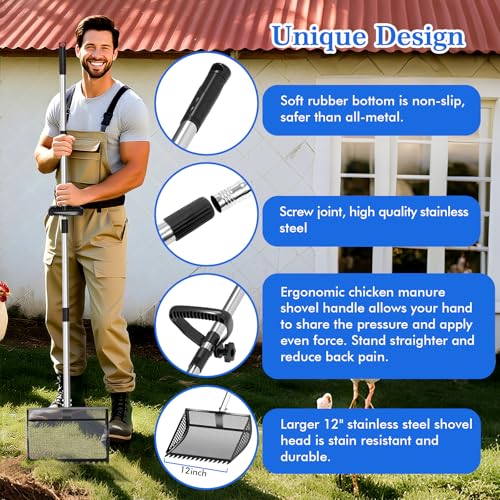 Chicken Poop Scooper Rake 2-in-1,304 Stainless Steel Shovel Head, Chicken Litter Scoop with Handle for Chicken Coop for Sand, Pet Waste Cleaning, Litter Sifting Shovel (35 to 65") (Black, 12inch) | Chicken Poop Scooper - color: Black, size: 12inch