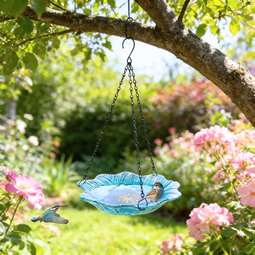 hogardeck 2 in 1 Floral Glass Bird Bath & Feeder - Hanging or Freestanding Outdoor Bird Bath with Sturdy 5-Pronged Base for Garden, Patio, Yard, Lawn Decor