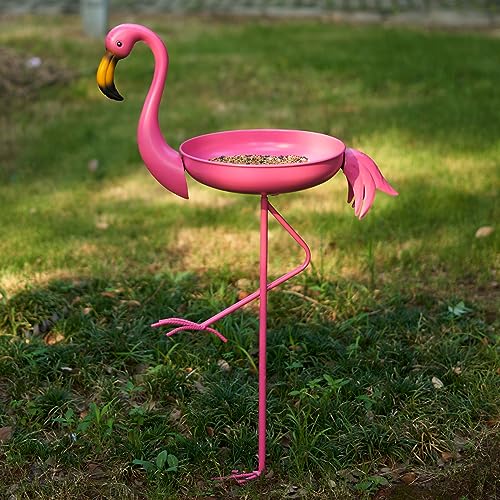 41 in Tall Flamingo Outdoor Bird Bath, Metal Bird Bath Bowl, Bird Feeder or Drinker Plate with Metal Stake, Home Garden Lawn Yard Decorations (Pink) - color: light pink