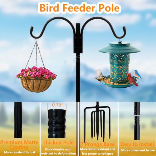 Shepherds Hooks for Outdoor,110in Bird Feder Pole with 7-Prong Base | Heavy Duty Double Garden Hooks for Hanging Plants, Hummingbird Feeders, Solar Lights, Lanterns - color: double hook-110IN-1PACK