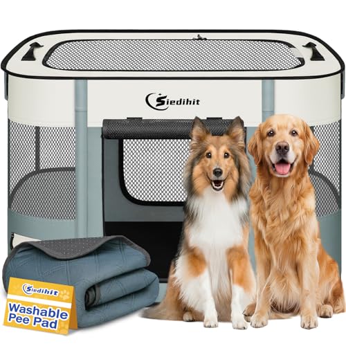 Siedihit 35" Dog Playpen,Cat Puppy Pen, Pet Portable Crate Indoor Outdoor | Durable Travel Camping Use,Foldable Dog Kennel Tent Cage for Rabbit Small Animals with Carrying Case(Grey with Pad, Large) - color: Grey with Pad, size: Large