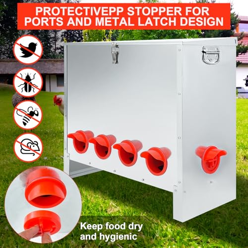RYFT 85 Pounds Automatic Chicken Feeder 6-Port, Large Capacity Galvanized Metal Fed Chicken with Latch & Handle for Chickens, Pheasants, Bantams Poultry Coop Weatherproof Chicken Feeder