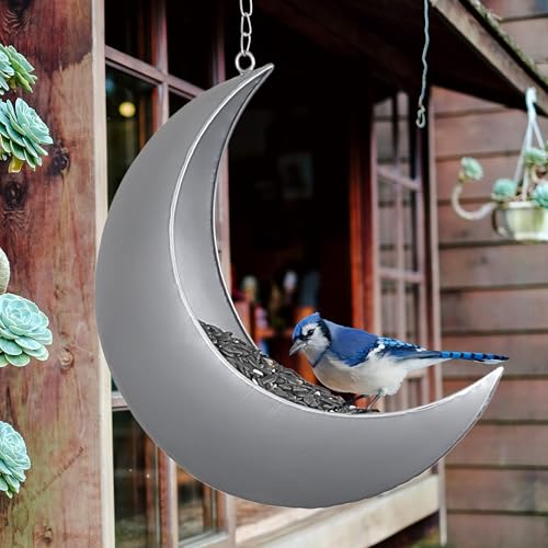 Hanging Moon Bird Feeder – Unique Metal Bird Feeders for Outdoors, Silver Rust-Resistant, – Wild Bird Feeder for Bluebirds, Cardinals, Finches, and Backyard Birdwatching - color: Silver