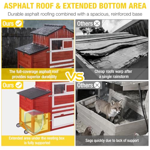 Aivituvin Large Chicken Coop with Wheels, Outdoor Hen House Mobile Poultry Cage with Run, Weatherproof Asphalt Roof, Sectionable Nesting Box, Leakproof Pull-Out Tray for 4-6 Chickens - Red